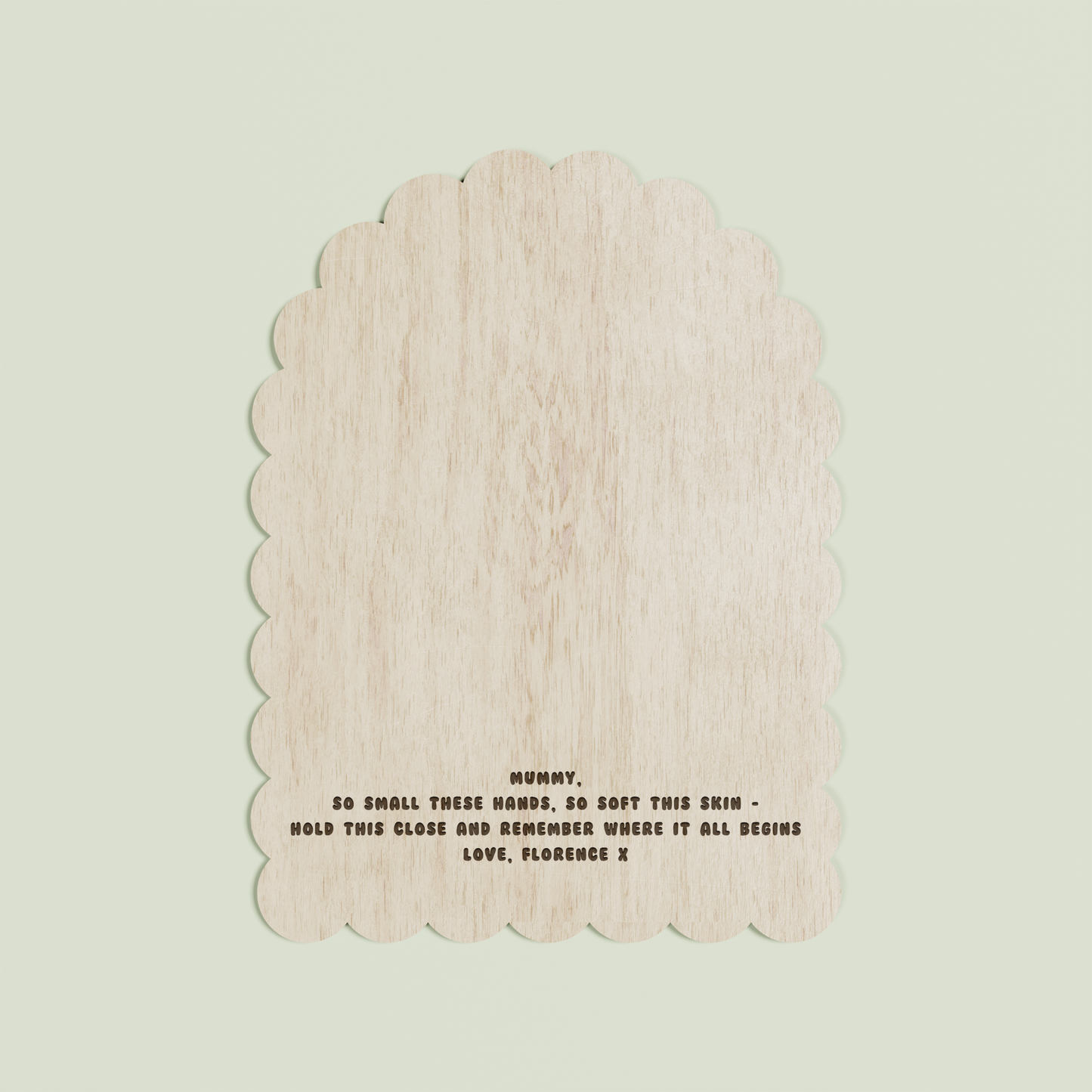 Hugo arch wooden handprint plaque with scalloped border and engraved text | Saint Sauvant Auckland NZ