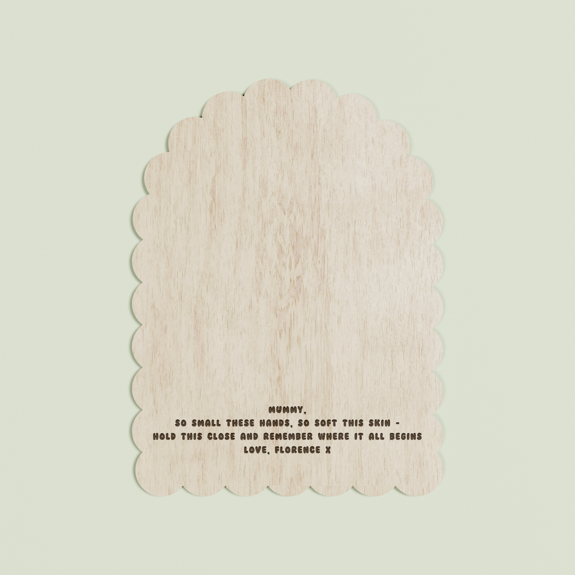 Hugo arch wooden handprint plaque with scalloped border and engraved text | Saint Sauvant Auckland NZ