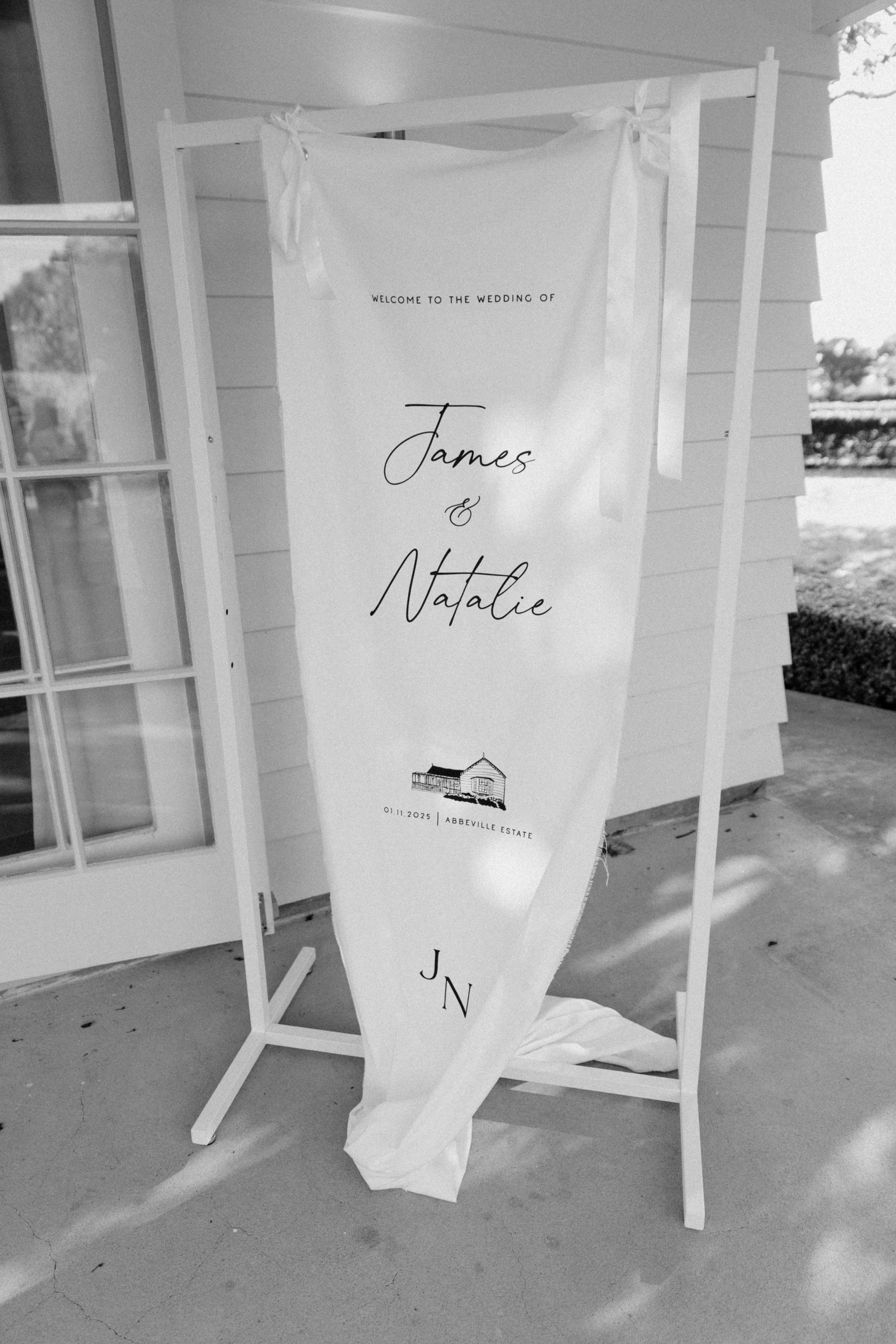 Luxury handcrafted fabric wedding welcome sign displayed at an elegant event — Saint Sauvant Auckland NZ