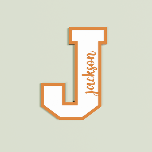 White varsity style Letter 'J' with clementine 'Jackson' written inside | Saint Sauvant Auckland NZ