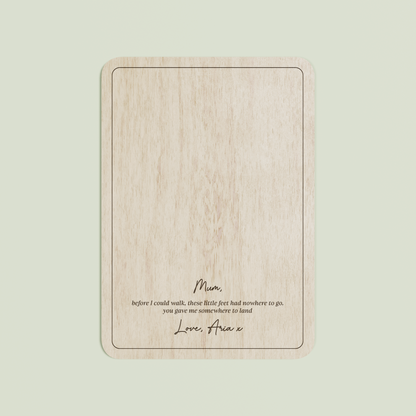 Jacques wooden footprint plaque with plain border and engraved text | Saint Sauvant Auckland NZ