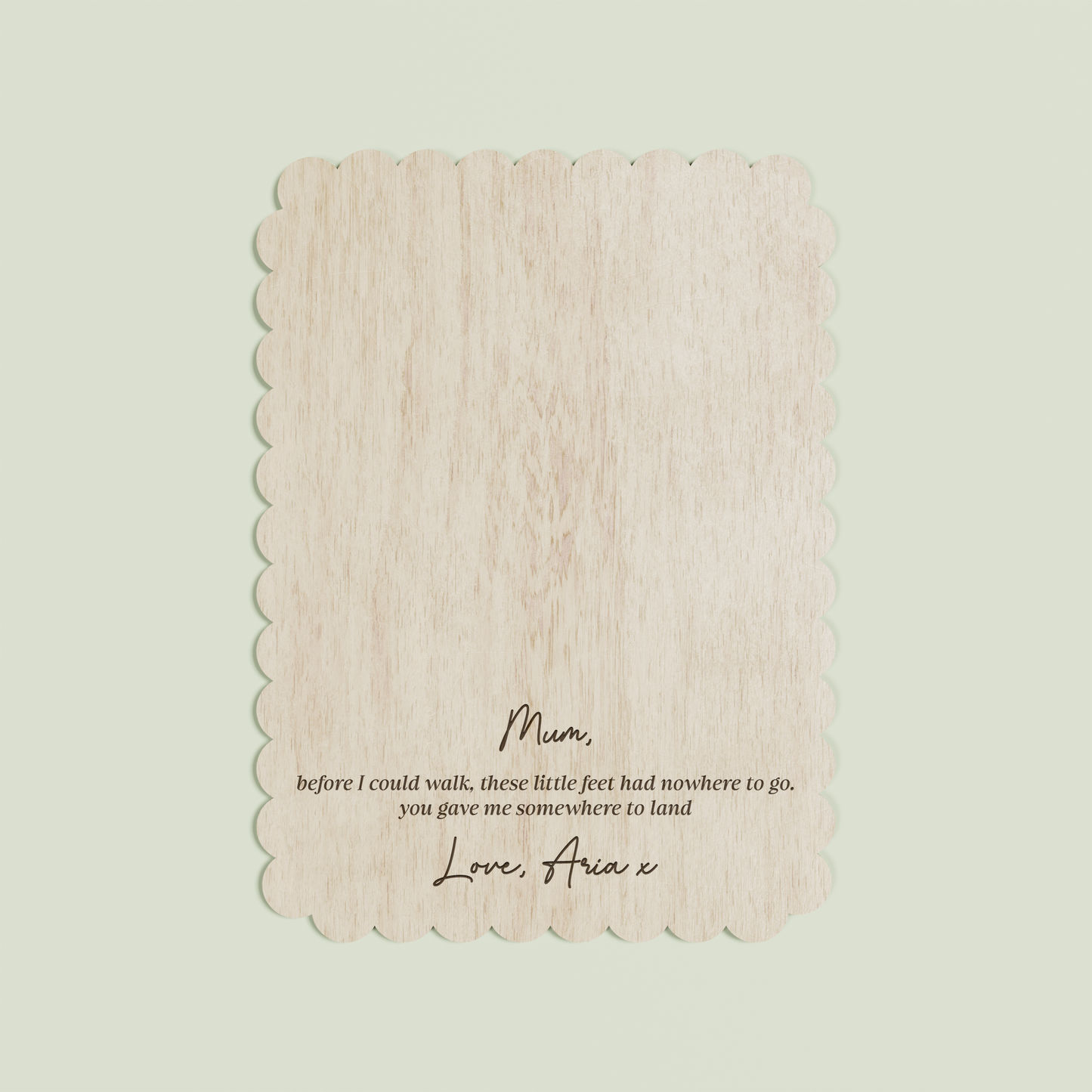 Jacques wooden footprint plaque with scalloped border and engraved text | Saint Sauvant Auckland NZ