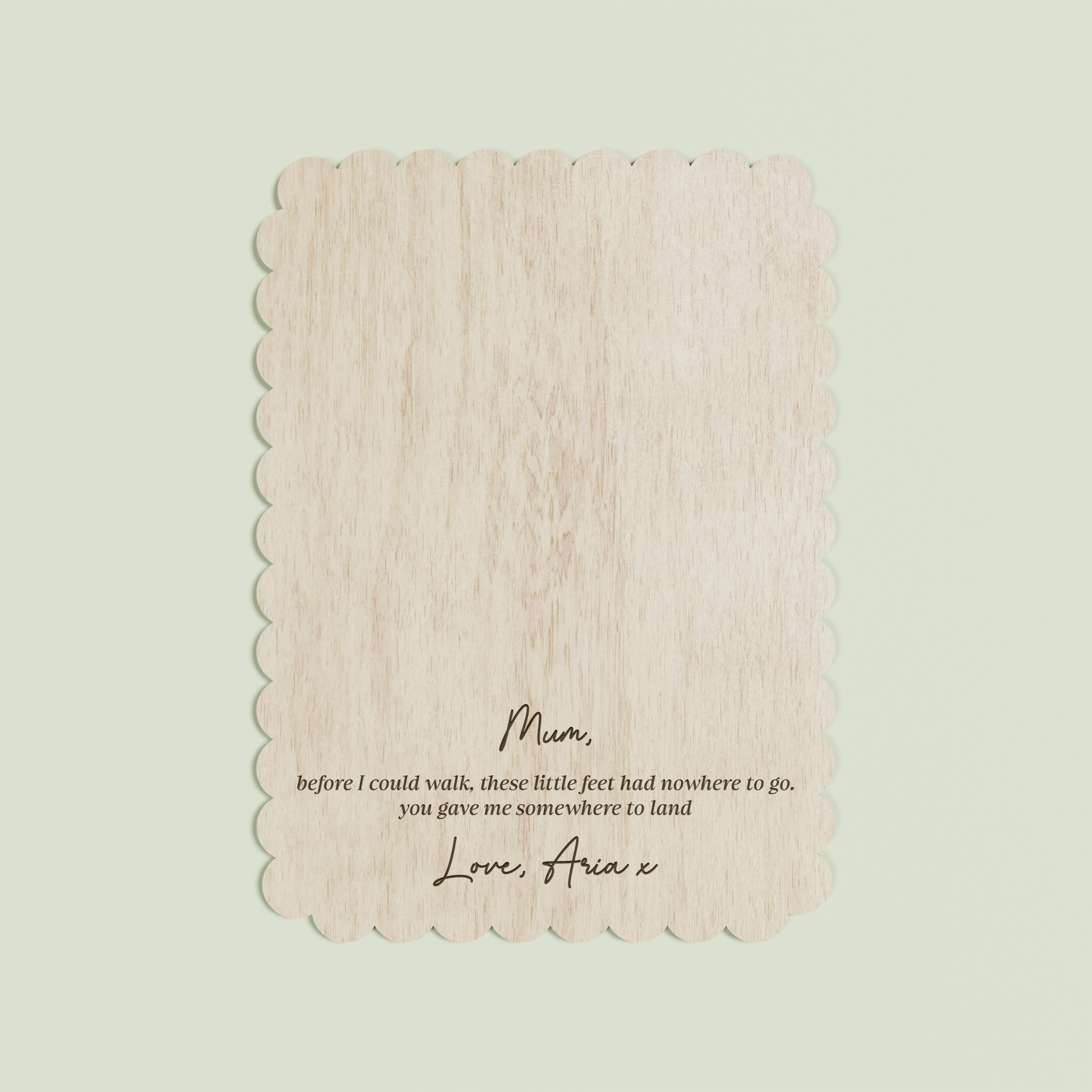 Jacques wooden footprint plaque with scalloped border and engraved text | Saint Sauvant Auckland NZ