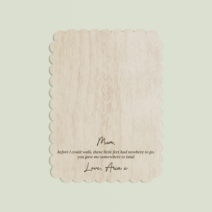 Jacques wooden footprint plaque with scalloped border and engraved text | Saint Sauvant Auckland NZ