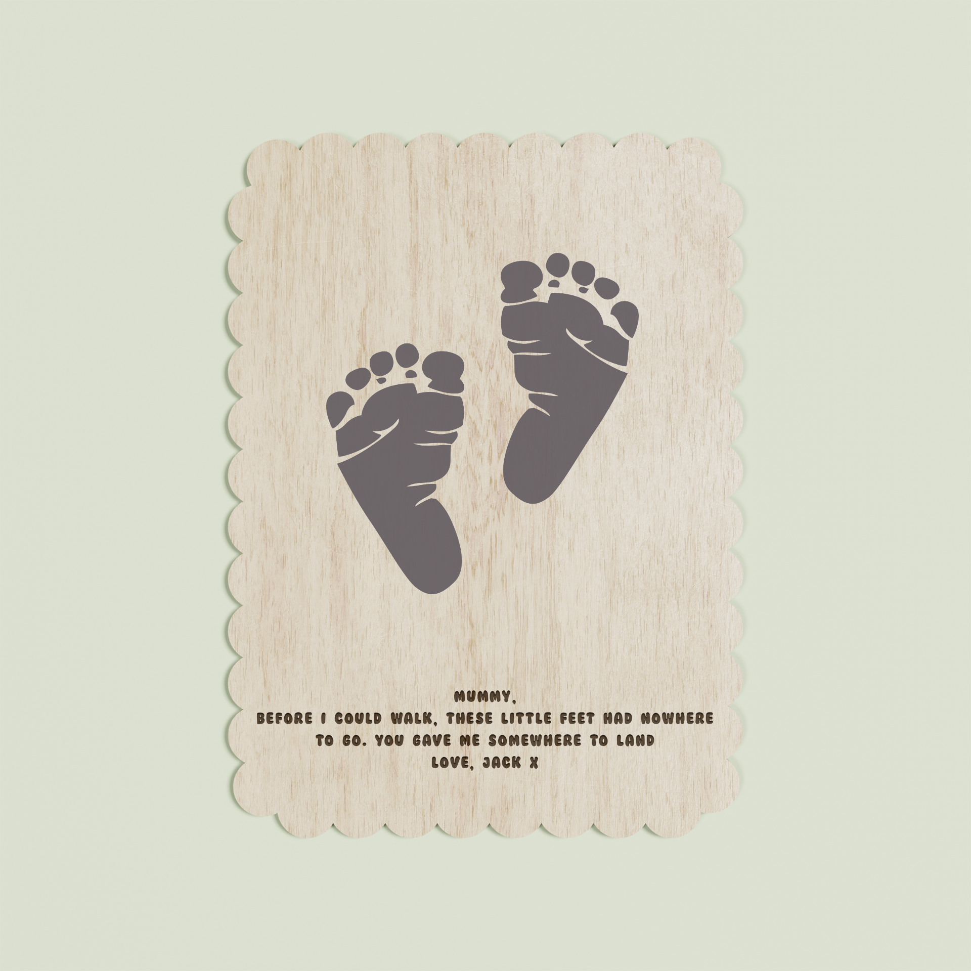 Jacques wooden footprint plaque with scalloped border and engraved text | Saint Sauvant Auckland NZ