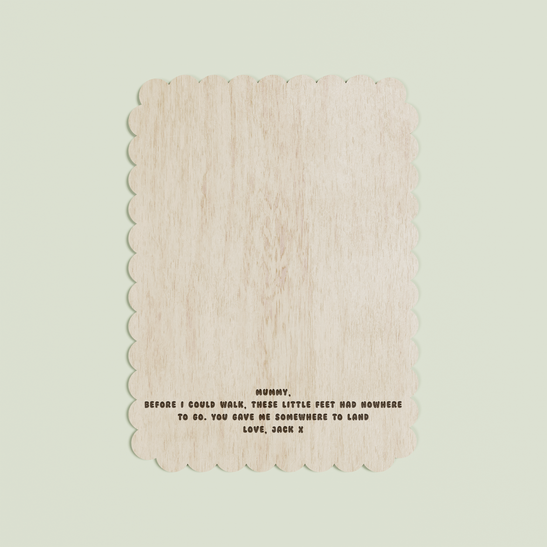 Jacques wooden footprint plaque with scalloped border and engraved text | Saint Sauvant Auckland NZ