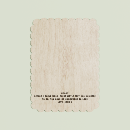 Jacques wooden footprint plaque with scalloped border and engraved text | Saint Sauvant Auckland NZ