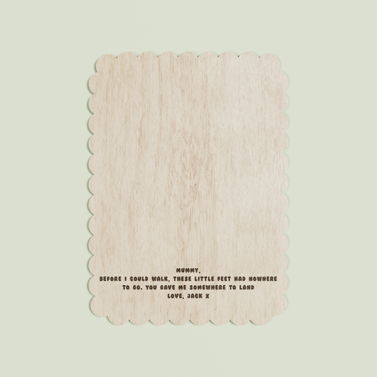 Jacques wooden footprint plaque with scalloped border and engraved text | Saint Sauvant Auckland NZ