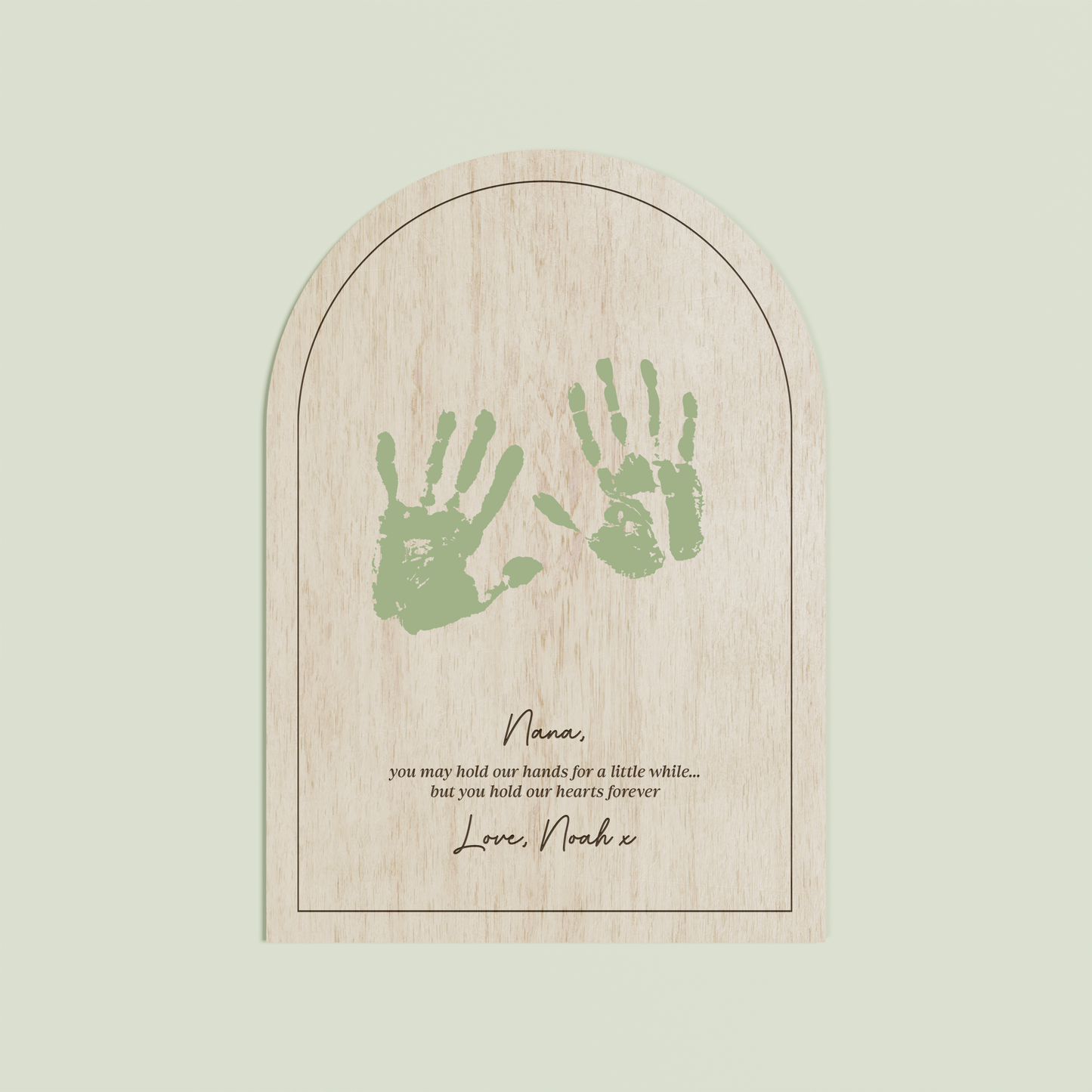 Louis arch wooden handprint plaque with plain border and engraved text | Saint Sauvant Auckland NZ