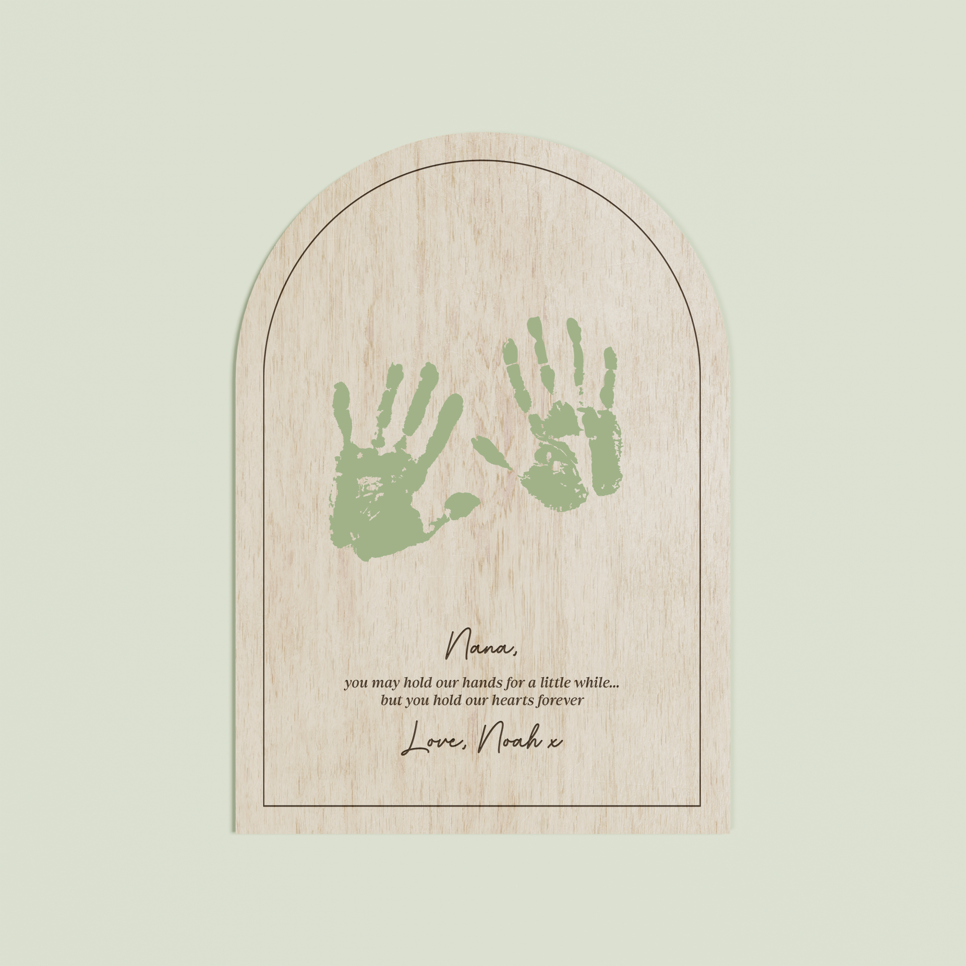 Louis arch wooden handprint plaque with plain border and engraved text | Saint Sauvant Auckland NZ