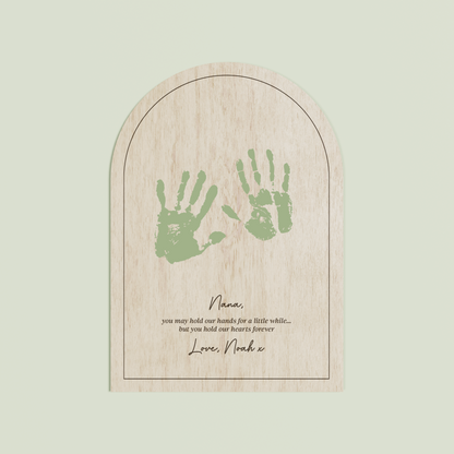 Louis arch wooden handprint plaque with plain border and engraved text | Saint Sauvant Auckland NZ