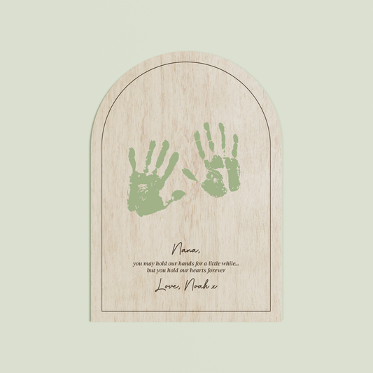 Louis arch wooden handprint plaque with plain border and engraved text | Saint Sauvant Auckland NZ
