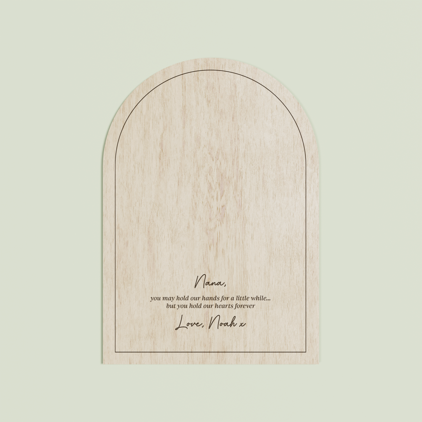 Louis arch wooden handprint plaque with plain border and engraved text | Saint Sauvant Auckland NZ