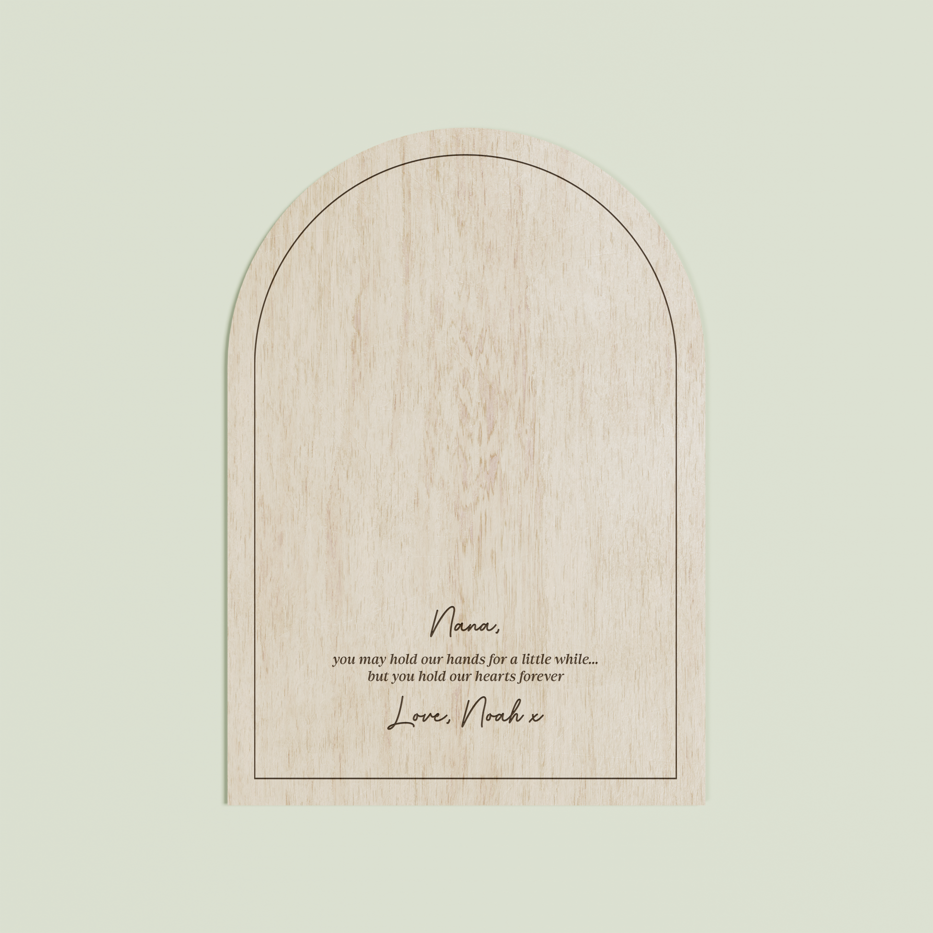 Louis arch wooden handprint plaque with plain border and engraved text | Saint Sauvant Auckland NZ
