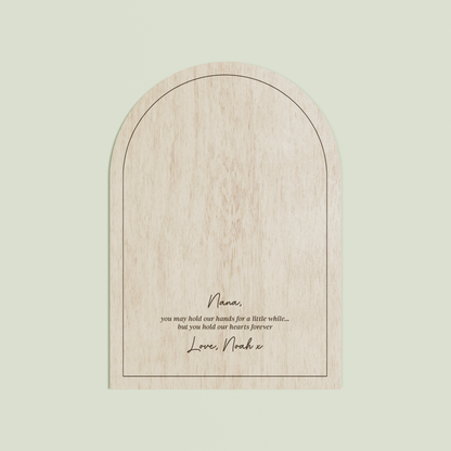Louis arch wooden handprint plaque with plain border and engraved text | Saint Sauvant Auckland NZ