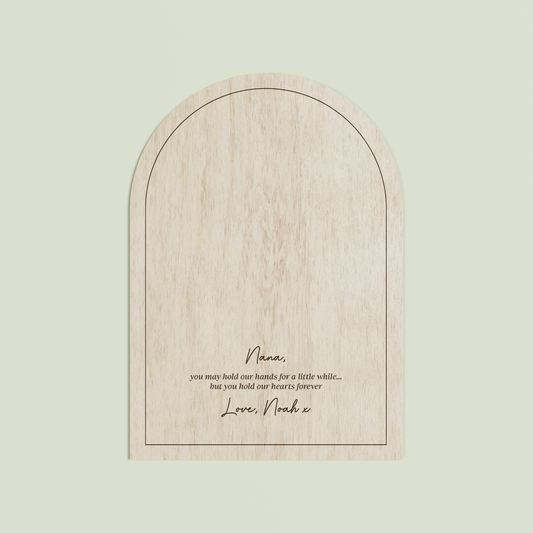 Louis arch wooden handprint plaque with plain border and engraved text | Saint Sauvant Auckland NZ