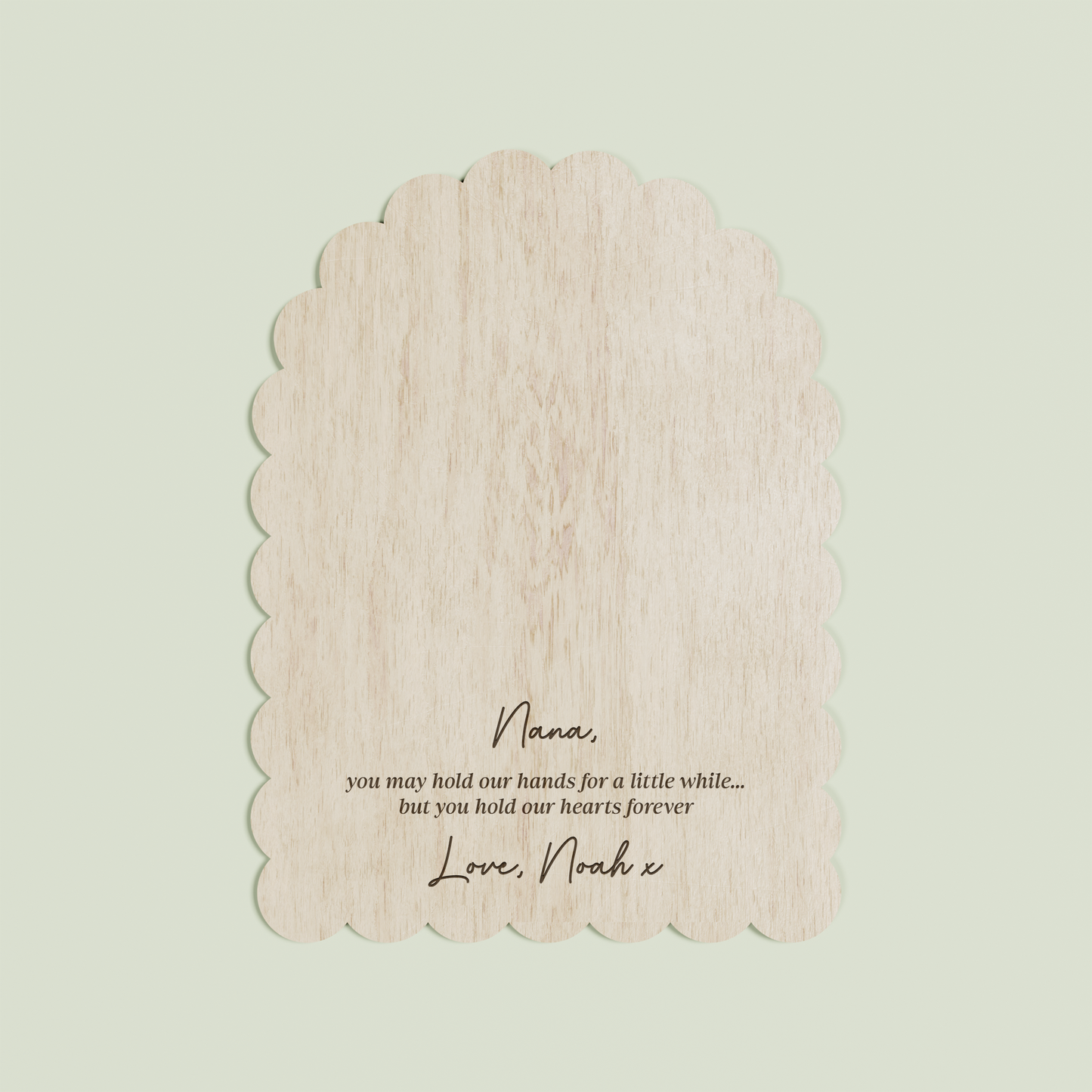 Louis arch wooden handprint plaque with scalloped border and engraved text | Saint Sauvant Auckland NZ