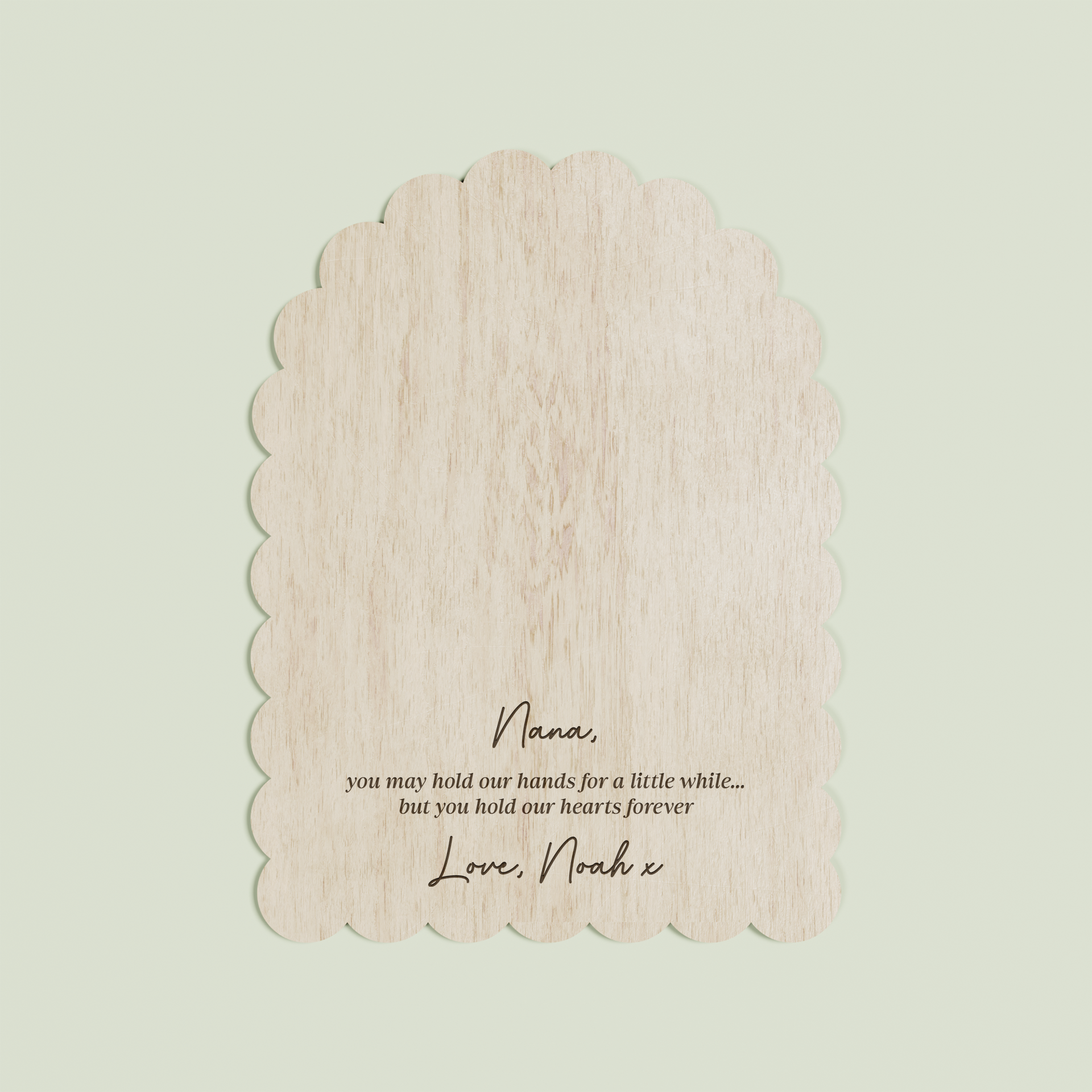 Louis arch wooden handprint plaque with scalloped border and engraved text | Saint Sauvant Auckland NZ
