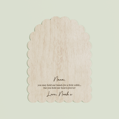 Louis arch wooden handprint plaque with scalloped border and engraved text | Saint Sauvant Auckland NZ