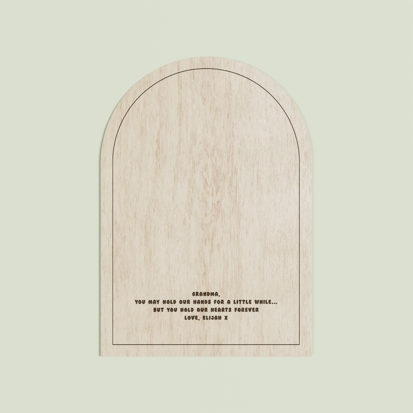 Louis arch wooden handprint plaque with plain border and engraved text | Saint Sauvant Auckland NZ