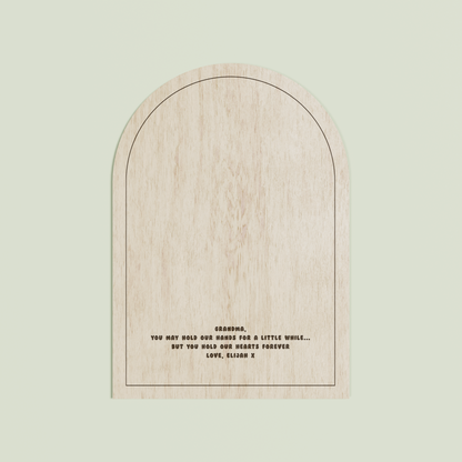 Louis arch wooden handprint plaque with plain border and engraved text | Saint Sauvant Auckland NZ