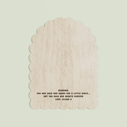 Louis arch wooden handprint plaque with scalloped border and engraved text | Saint Sauvant Auckland NZ