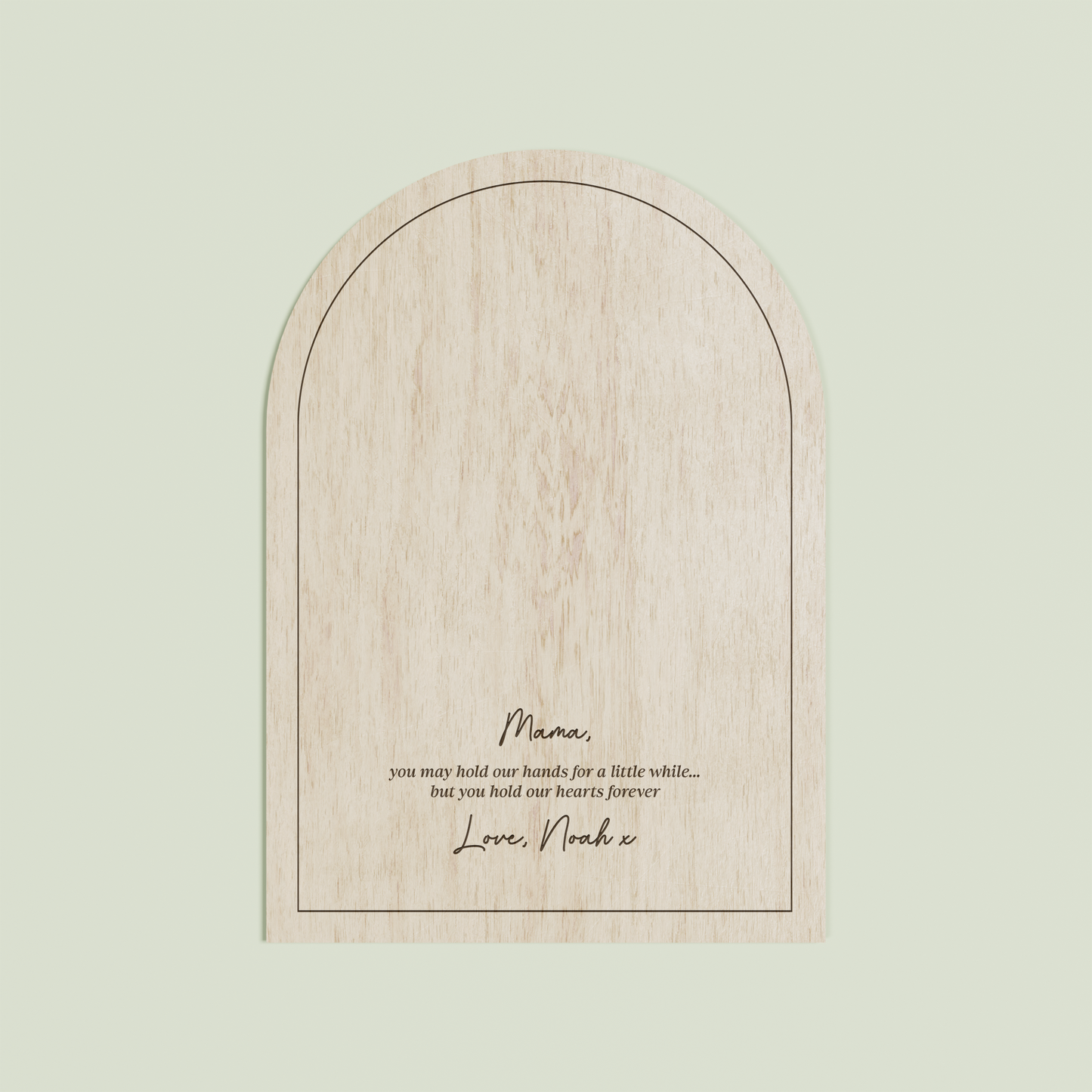 Marco arch wooden handprint plaque with plain border and engraved text | Saint Sauvant Auckland NZ