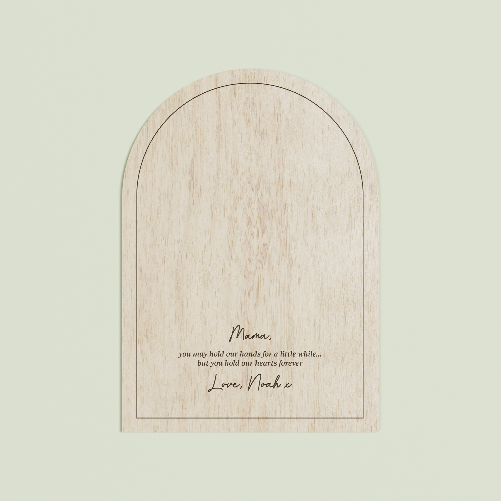 Marco arch wooden handprint plaque with plain border and engraved text | Saint Sauvant Auckland NZ