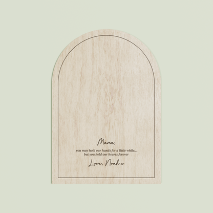 Marco arch wooden handprint plaque with plain border and engraved text | Saint Sauvant Auckland NZ