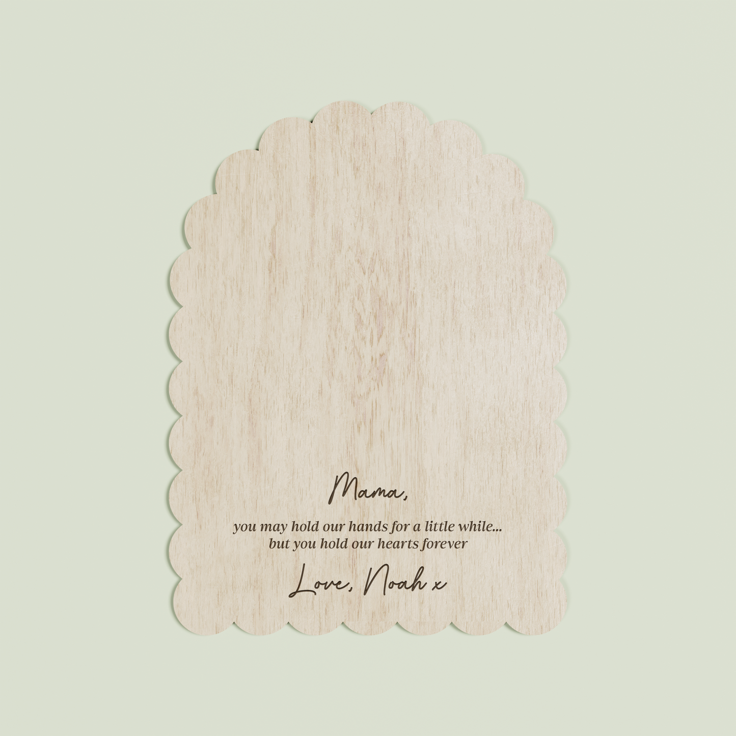 Marco arch wooden handprint plaque with scalloped border and engraved text | Saint Sauvant Auckland NZ