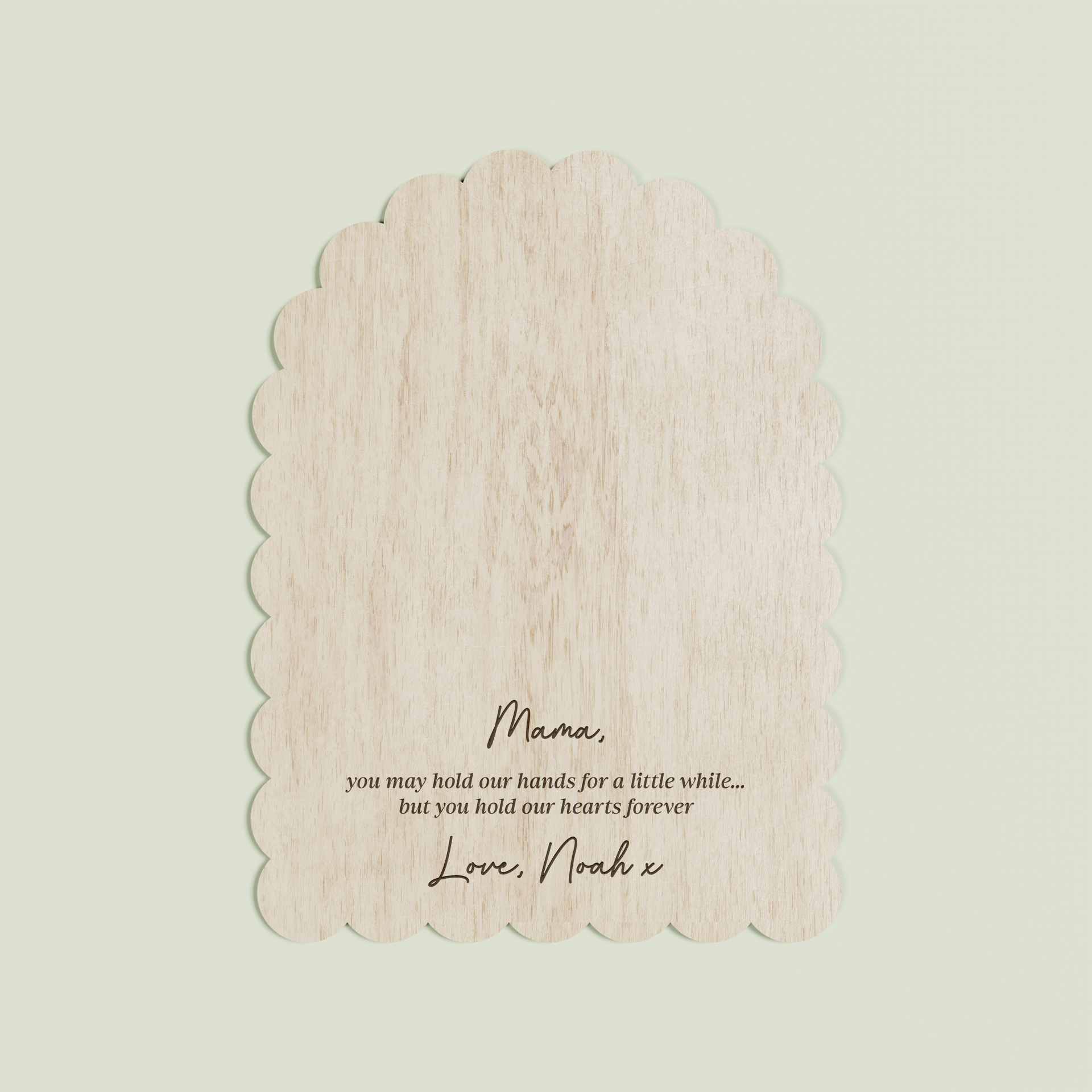 Marco arch wooden handprint plaque with scalloped border and engraved text | Saint Sauvant Auckland NZ