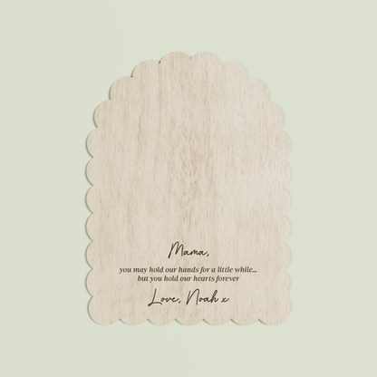 Marco arch wooden handprint plaque with scalloped border and engraved text | Saint Sauvant Auckland NZ