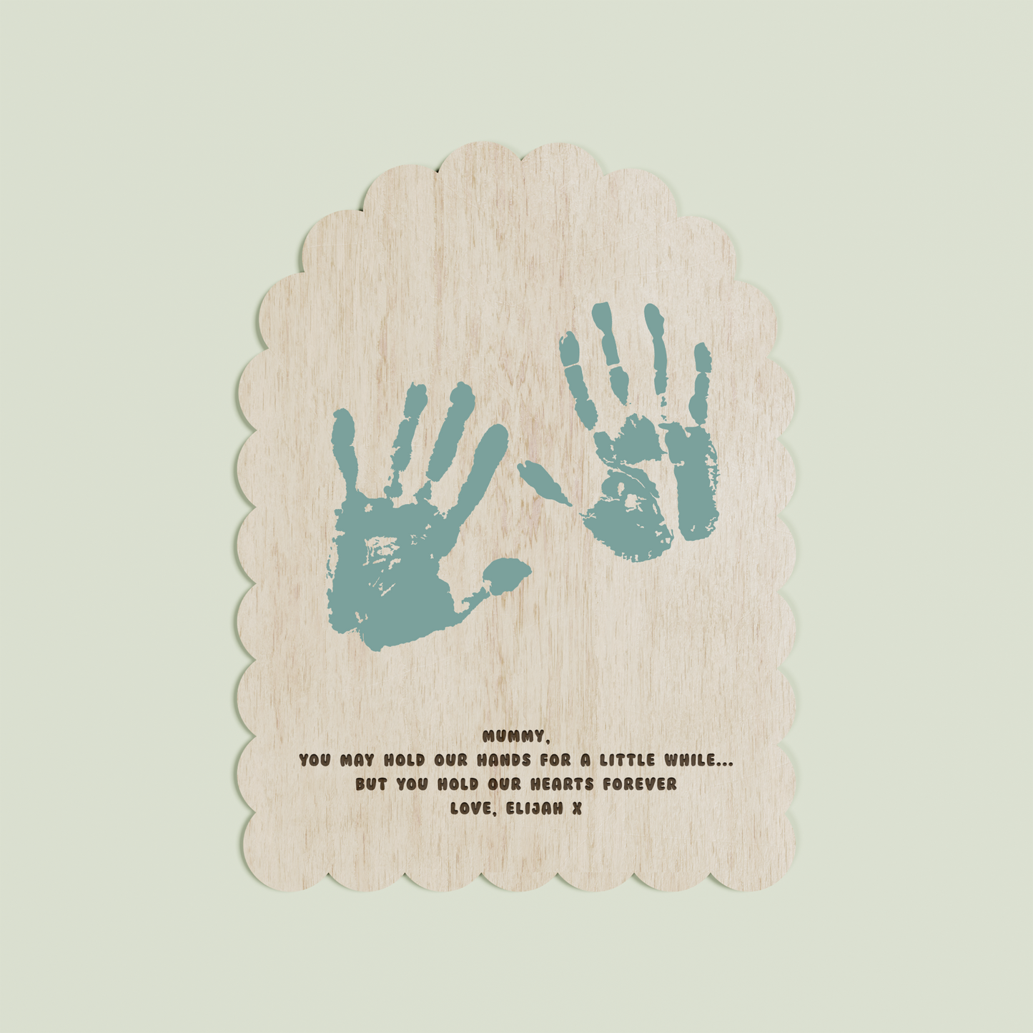 Marco arch wooden handprint plaque with scalloped border and engraved text | Saint Sauvant Auckland NZ