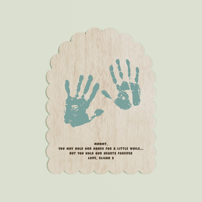 Marco arch wooden handprint plaque with scalloped border and engraved text | Saint Sauvant Auckland NZ