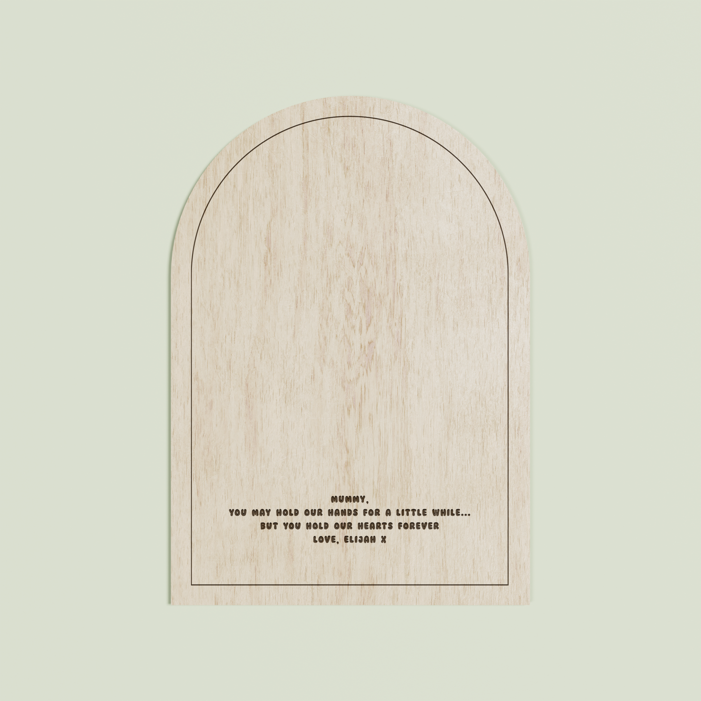 Marco arch wooden handprint plaque with plain border and engraved text | Saint Sauvant Auckland NZ
