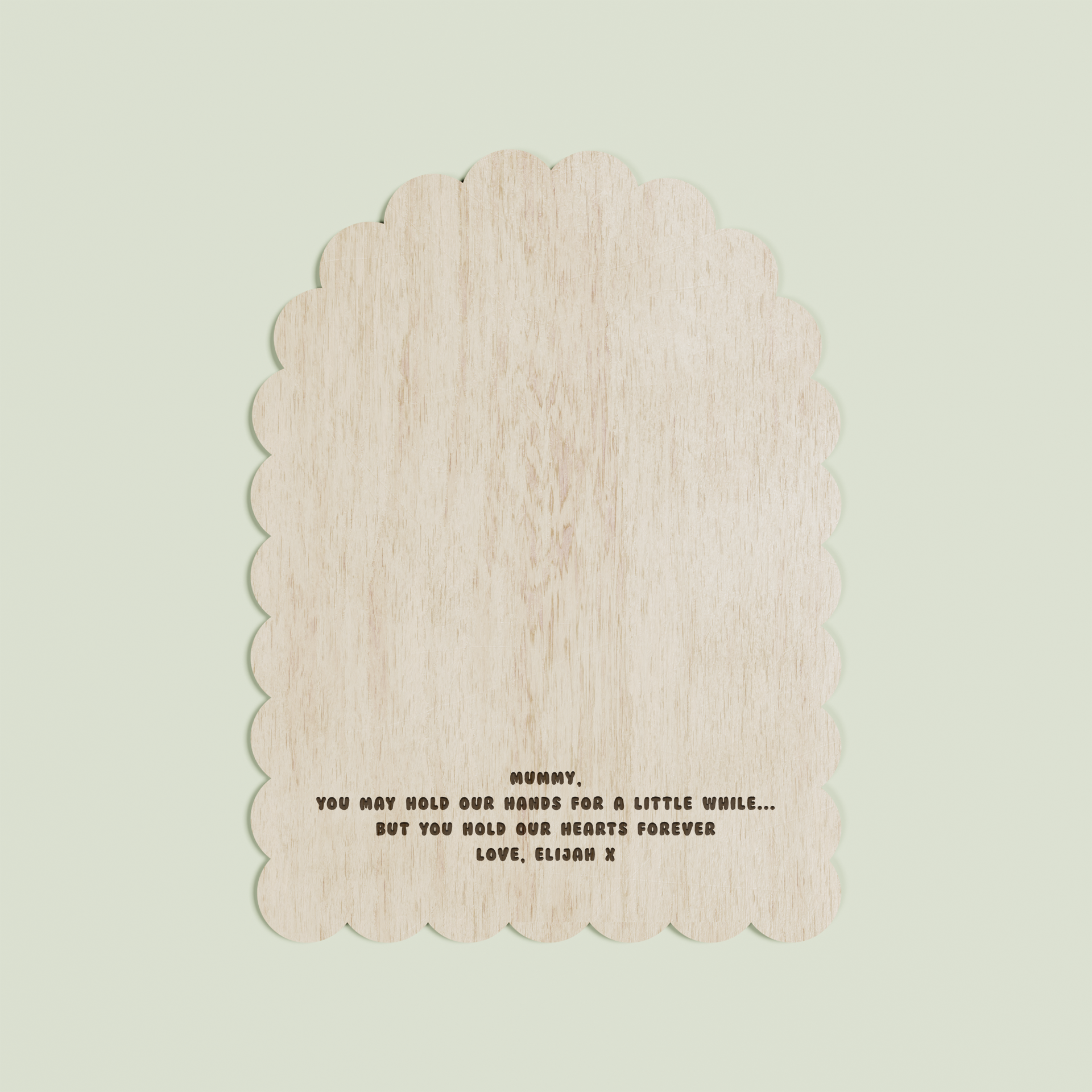 Marco arch wooden handprint plaque with scalloped border and engraved text | Saint Sauvant Auckland NZ