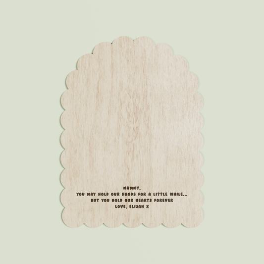 Marco arch wooden handprint plaque with scalloped border and engraved text | Saint Sauvant Auckland NZ