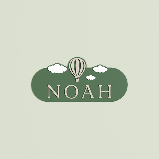 Personalized name plaque with 'Noah' in Oat and a hot air balloon design on a Sage background | Saint Sauvant Auckland NZ