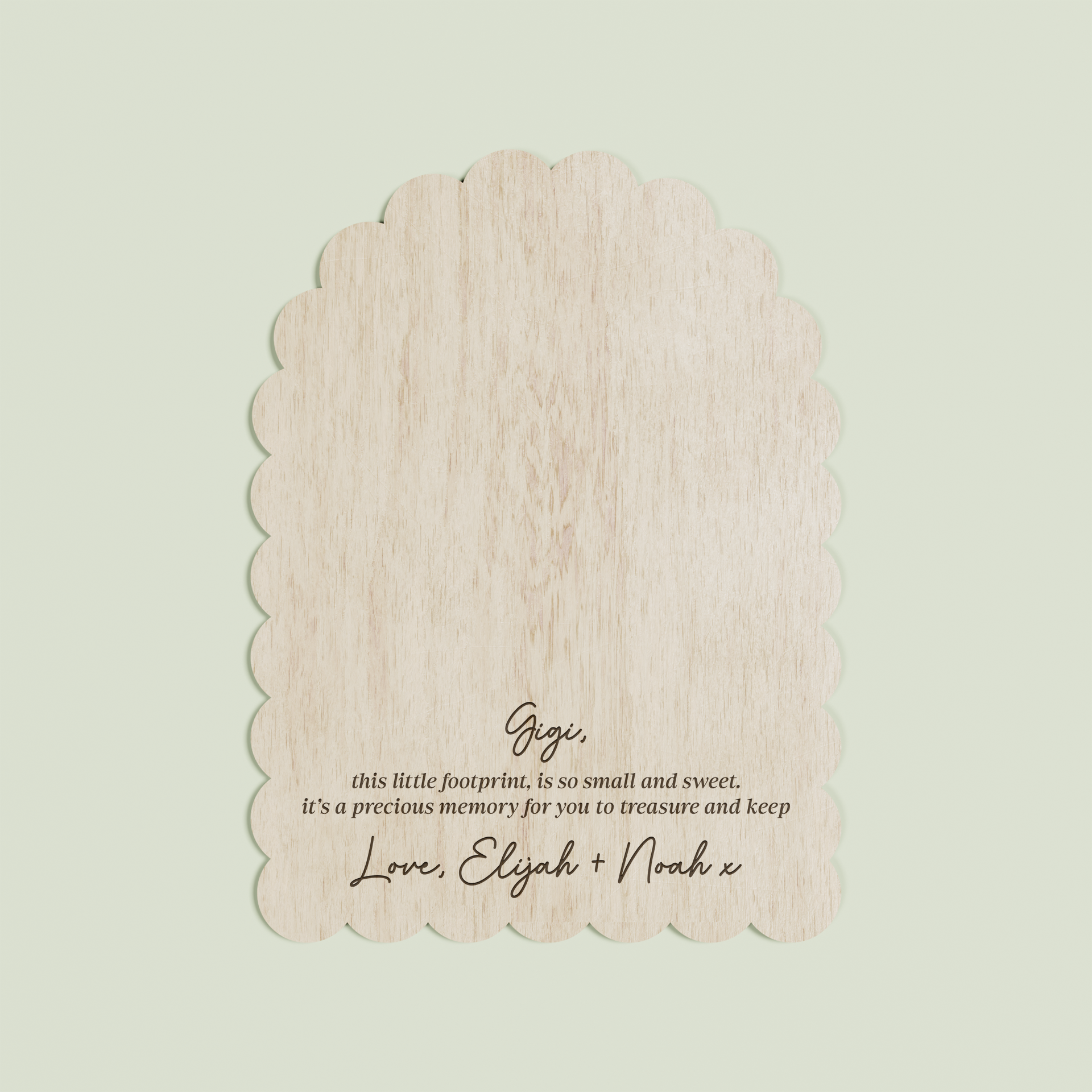 Noah wooden handprint plaque with scalloped border and engraved text | Saint Sauvant Auckland NZ