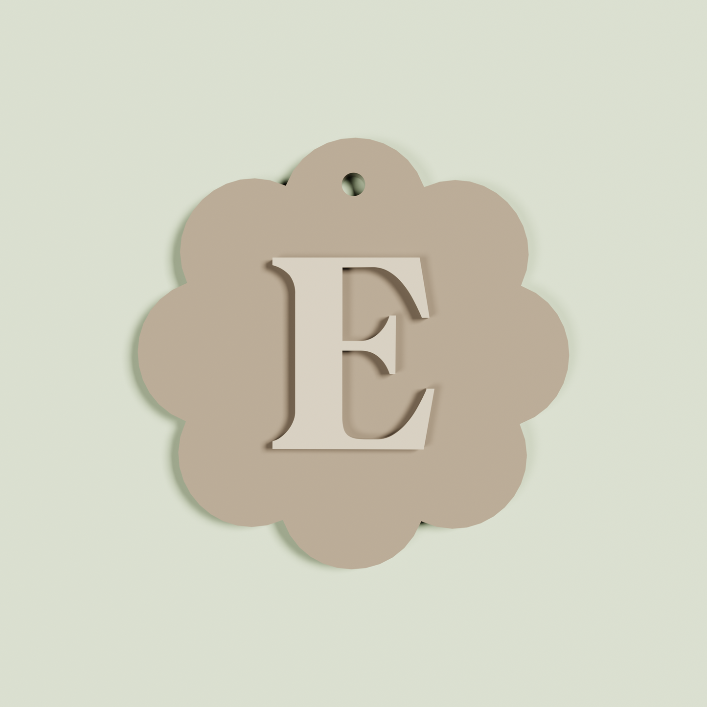 Granito double layered acrylic scallop keyring with Oat 'E' monogram on light brown acrylic | Saint Sauvant Auckland NZ