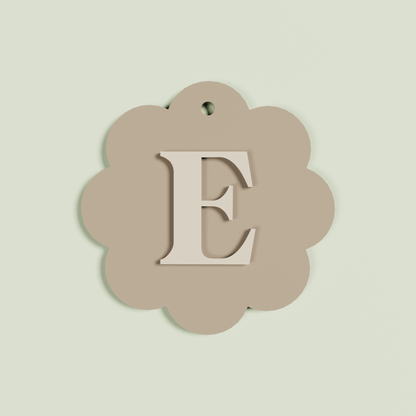 Granito double layered acrylic scallop keyring with Oat 'E' monogram on light brown acrylic | Saint Sauvant Auckland NZ
