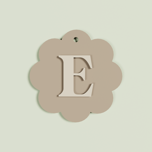 Granito double layered acrylic scallop keyring with Oat 'E' monogram on light brown acrylic | Saint Sauvant Auckland NZ