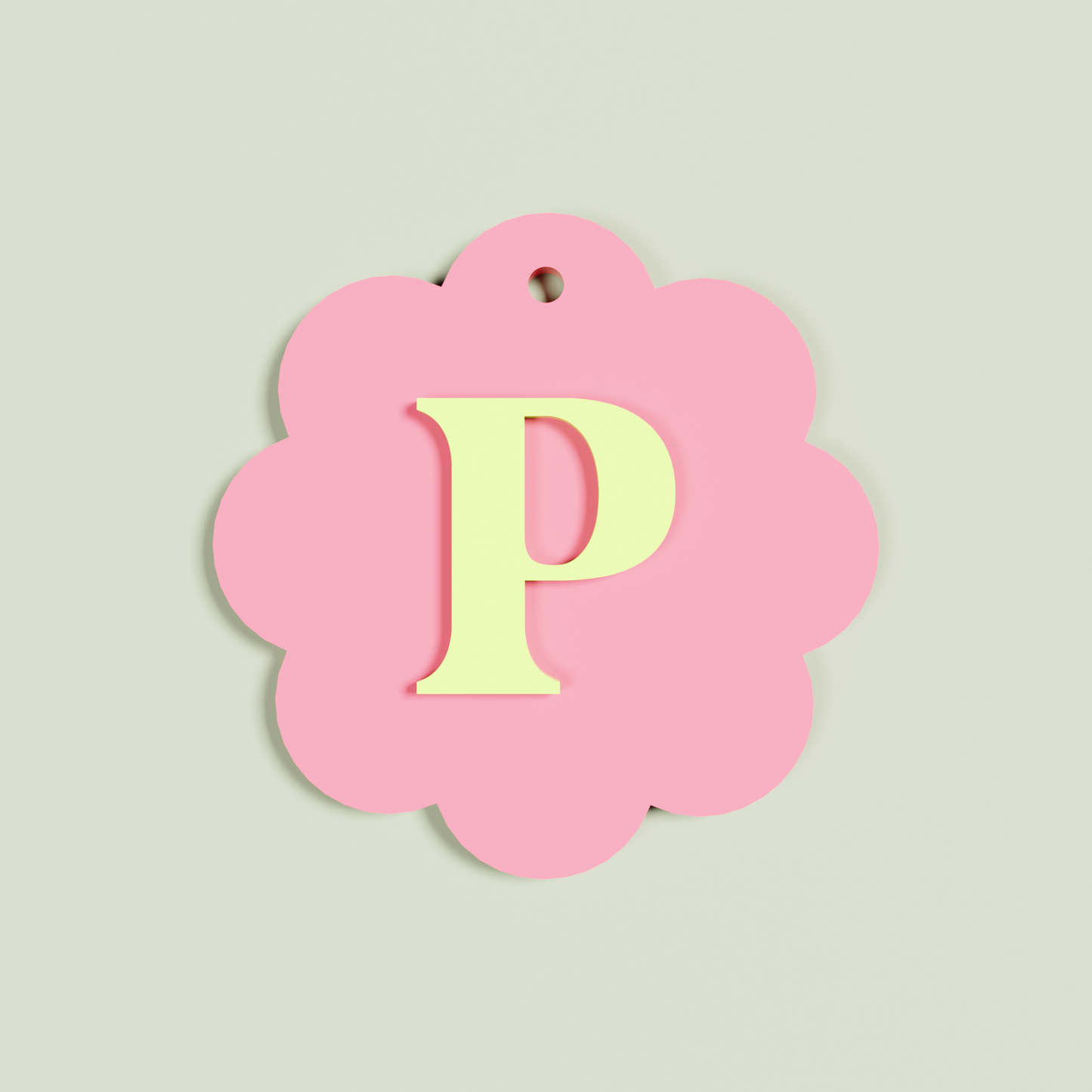 Granito double layered acrylic scallop keyring with pineapple 'P' monogram on strawberry acrylic | Saint Sauvant Auckland NZ