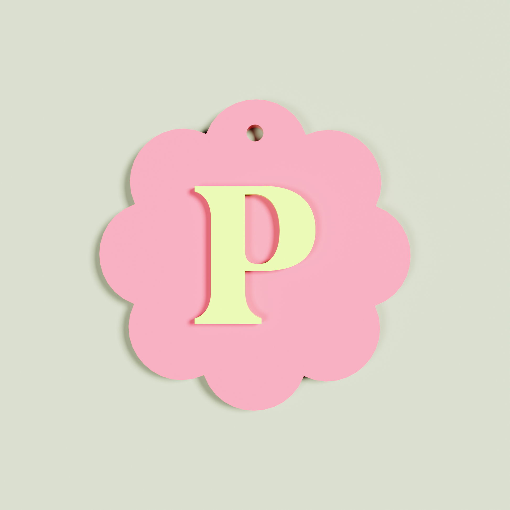 Granito double layered acrylic scallop keyring with pineapple 'P' monogram on strawberry acrylic | Saint Sauvant Auckland NZ