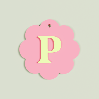 Granito double layered acrylic scallop keyring with pineapple 'P' monogram on strawberry acrylic | Saint Sauvant Auckland NZ
