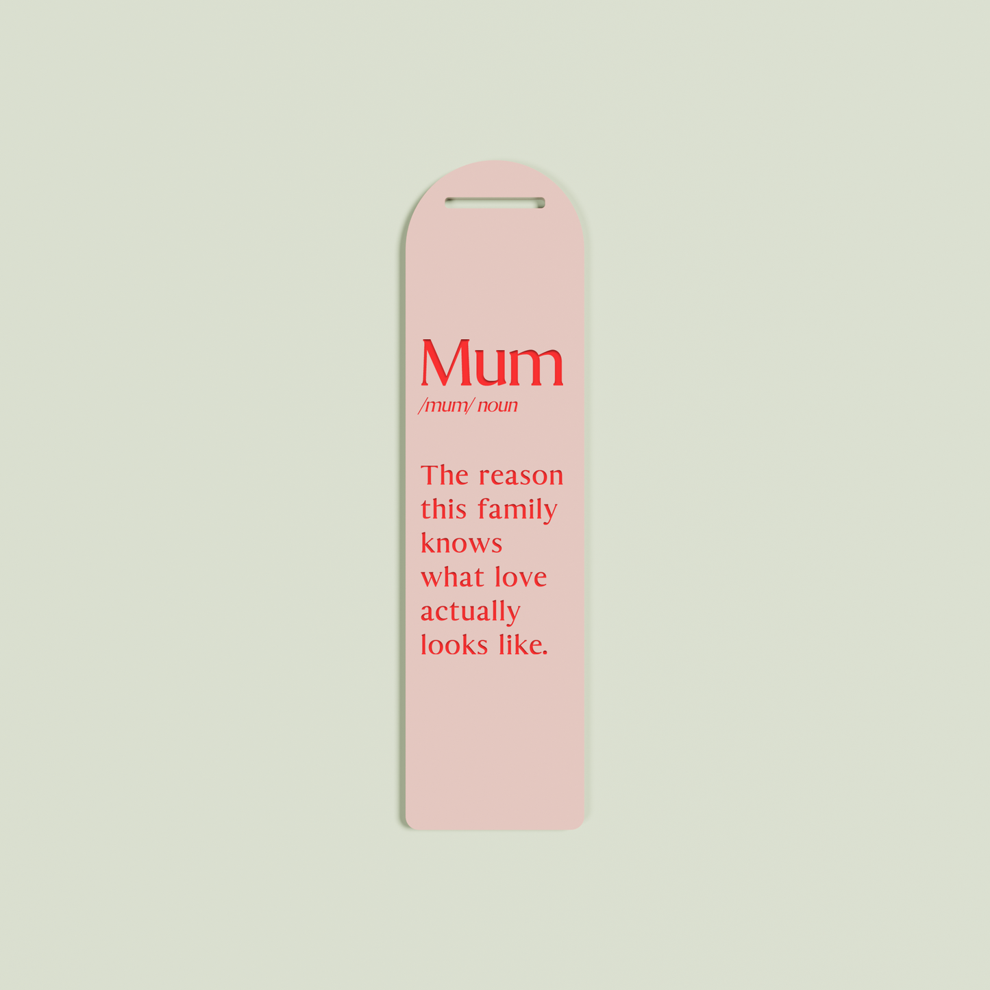 Maggiorana acrylic bookmark with red text on blush acrylic | Saint Sauvant Auckland NZ