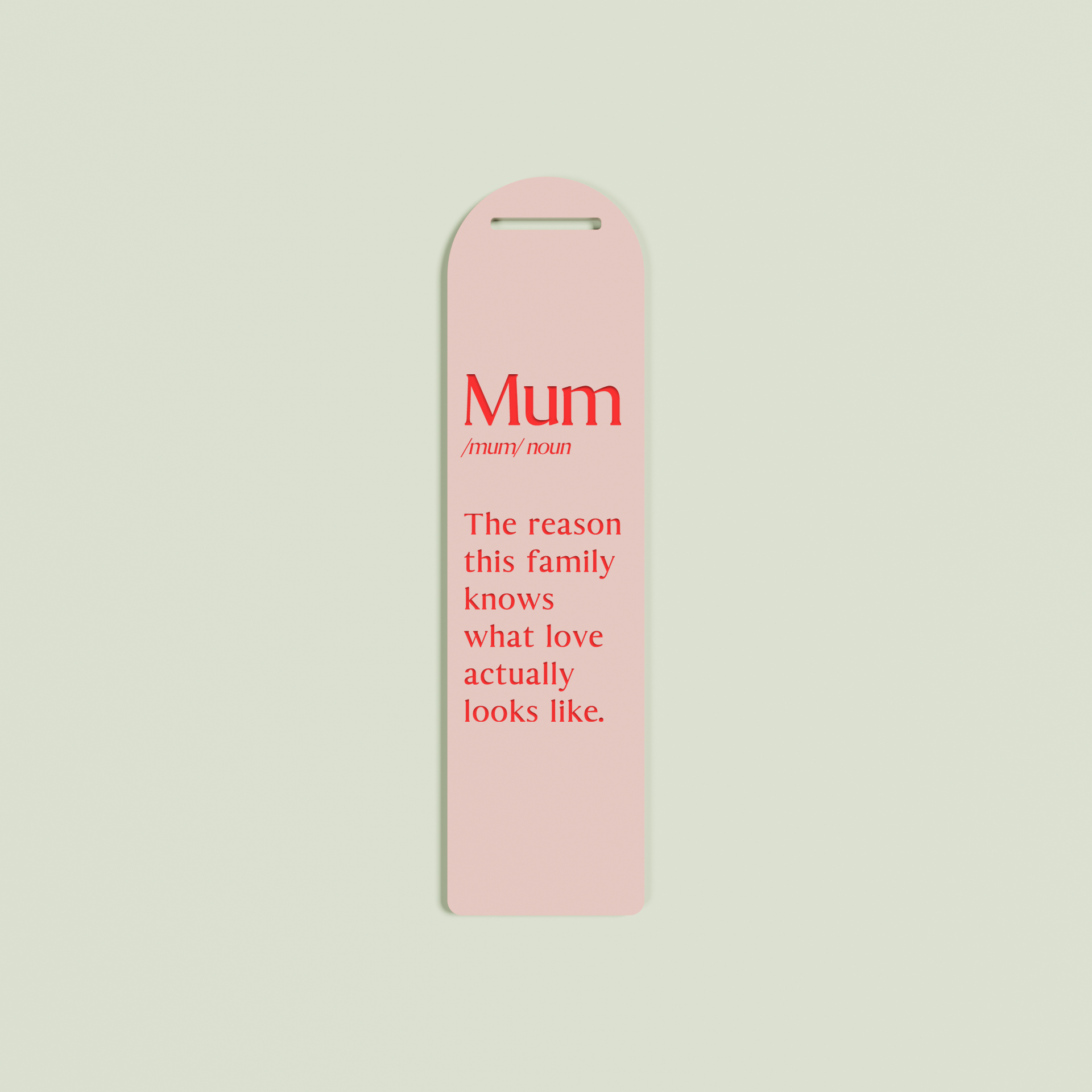Maggiorana acrylic bookmark with red text on blush acrylic | Saint Sauvant Auckland NZ