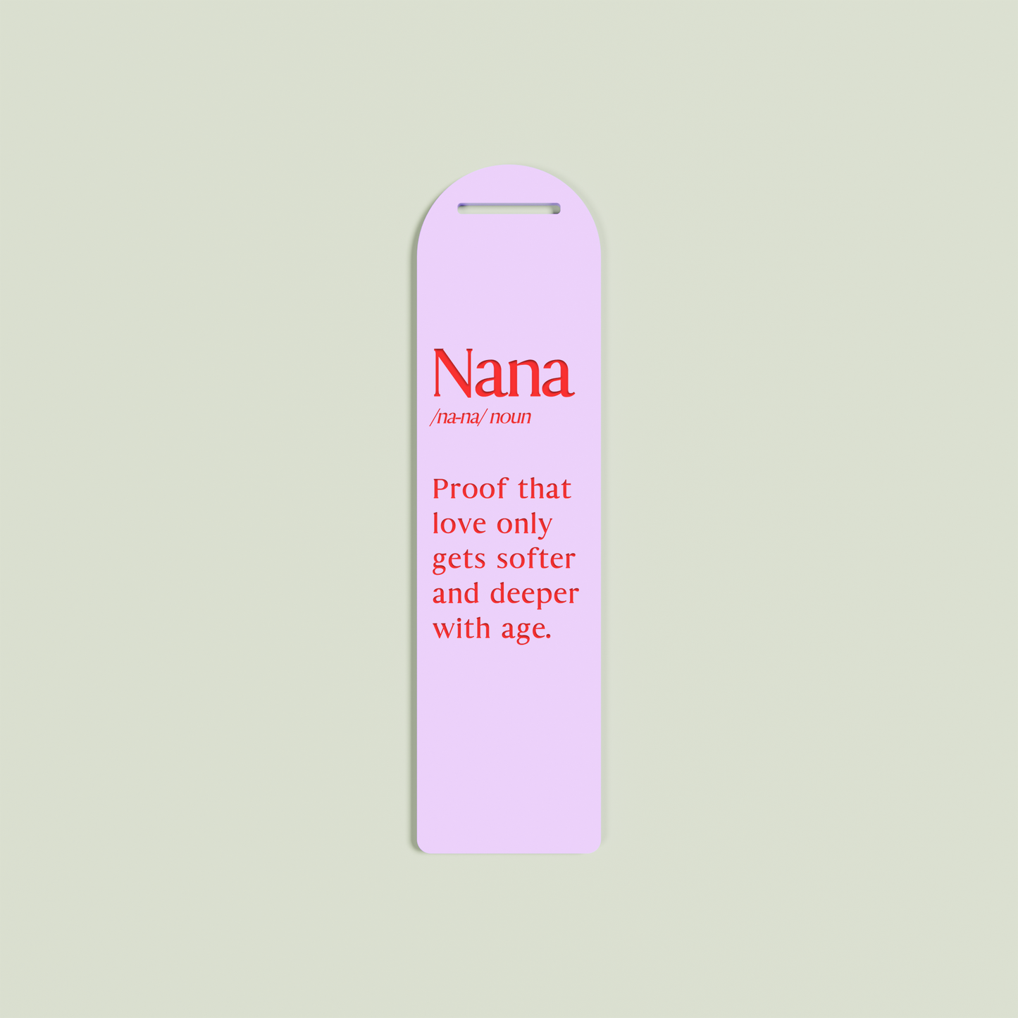 Lavande acrylic bookmark with red text on lavender acrylic | Saint Sauvant Auckland NZ