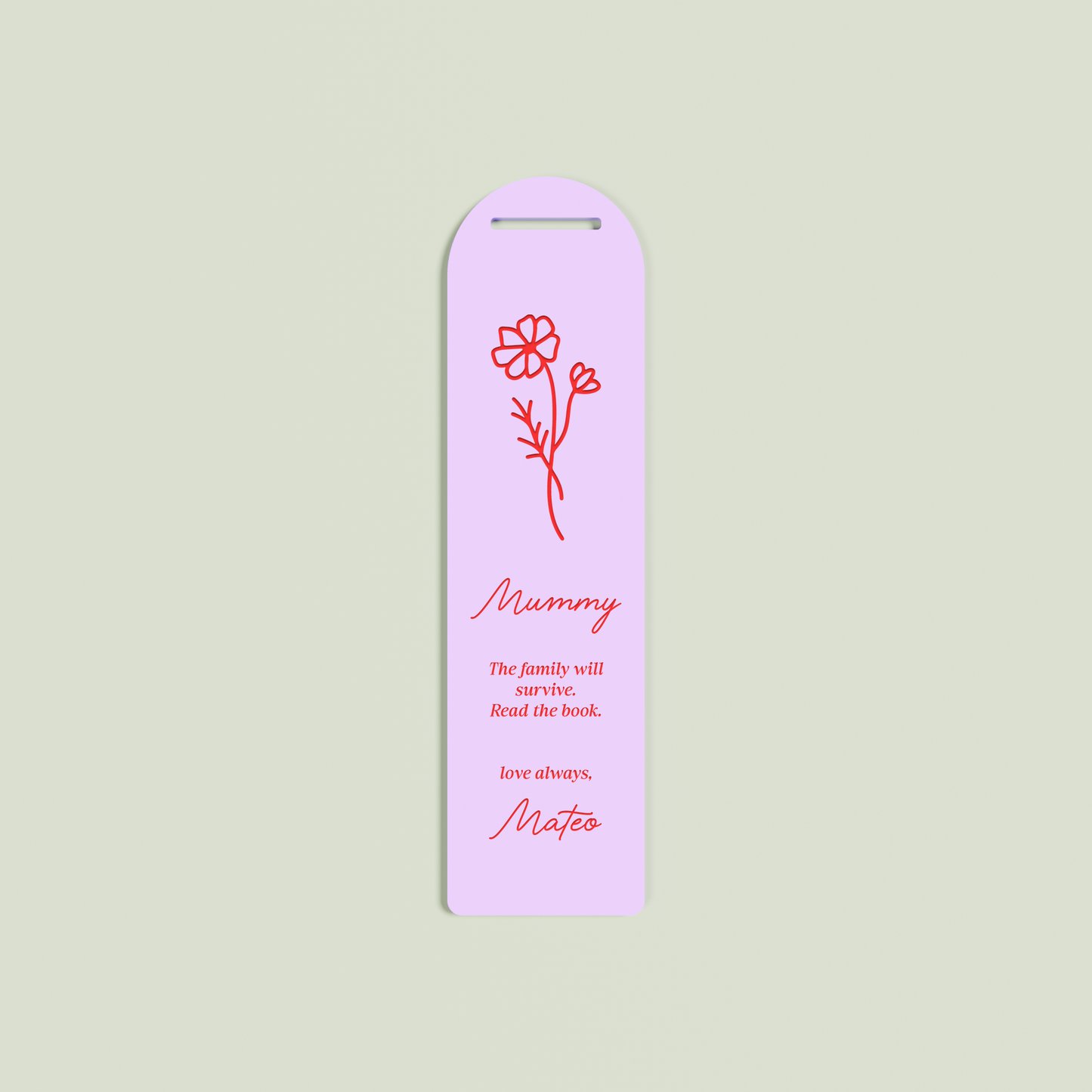 Lierre acrylic bookmark with a floral design and red text on lavender acrylic | Saint Sauvant Auckland NZ