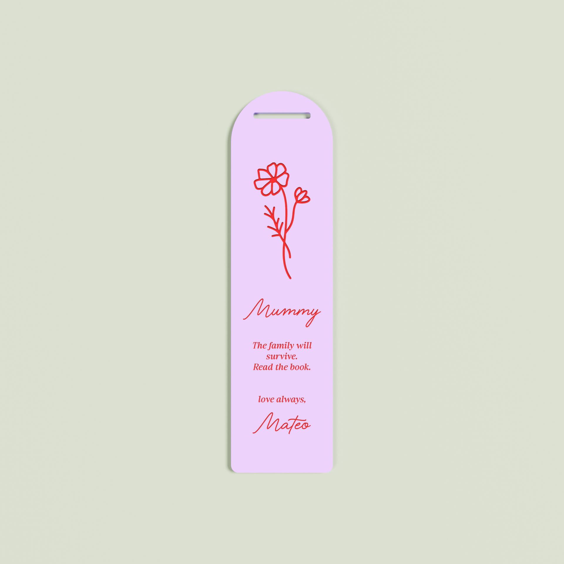 Lierre acrylic bookmark with a floral design and red text on lavender acrylic | Saint Sauvant Auckland NZ